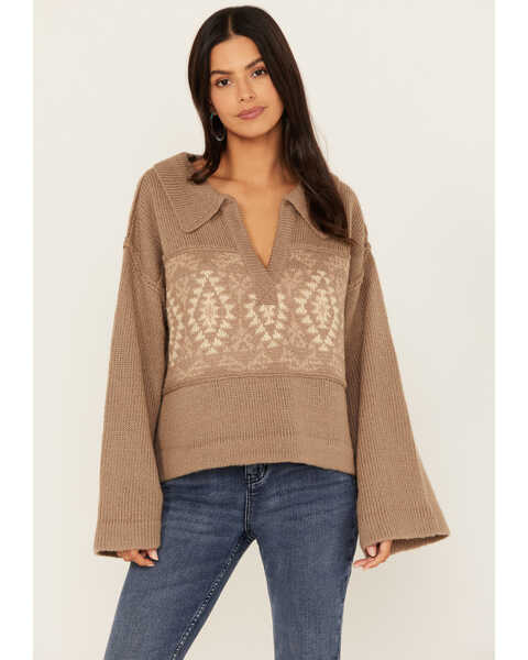 Image #1 - Miss Me Women's Southwest Bell Sleeve Sweater , Taupe, hi-res