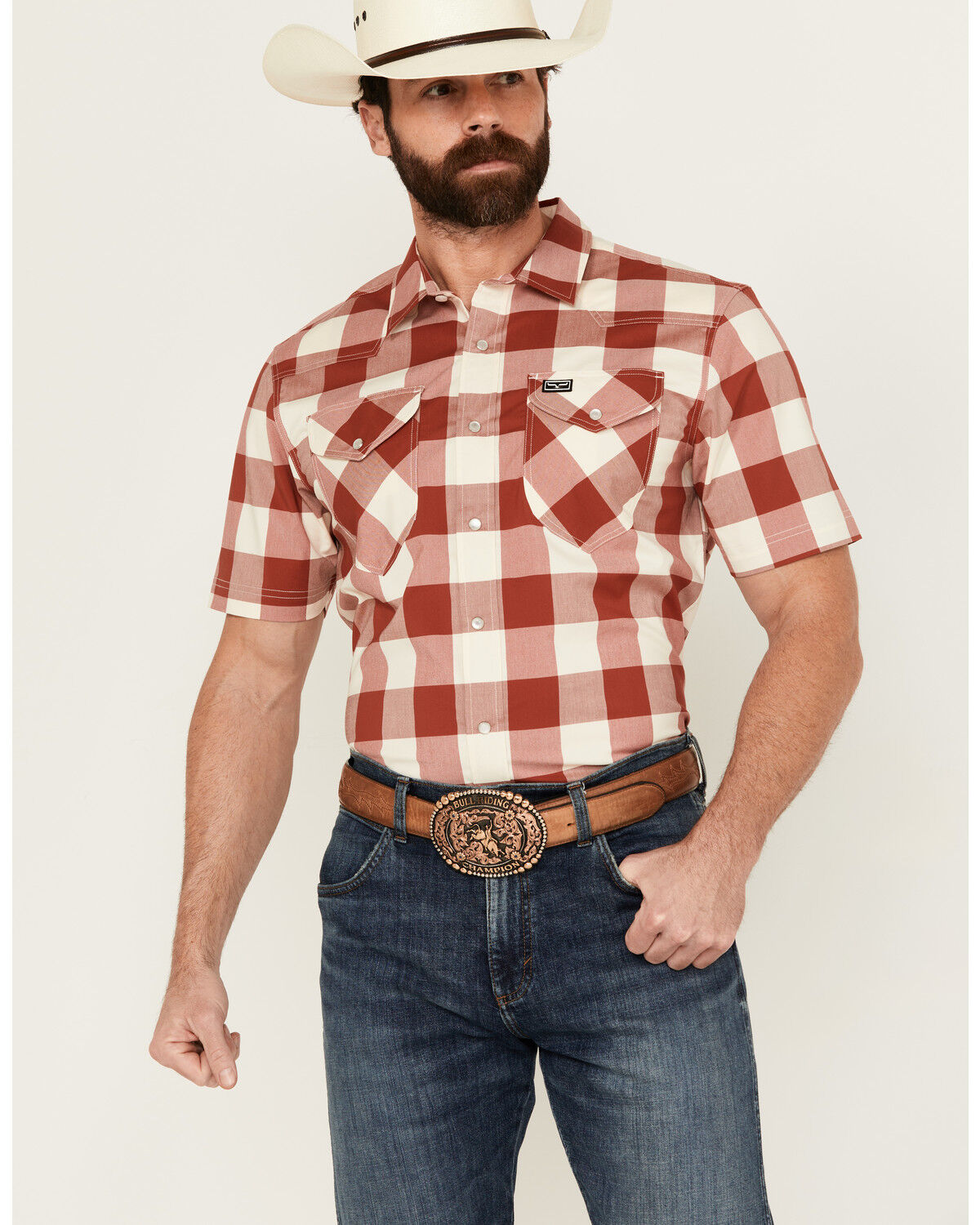 Image #1 - Kimes Ranch Men's Malcom Buffalo Plaid Print Short Sleeve Pearl Snap Western Shirt, Red, hi-res