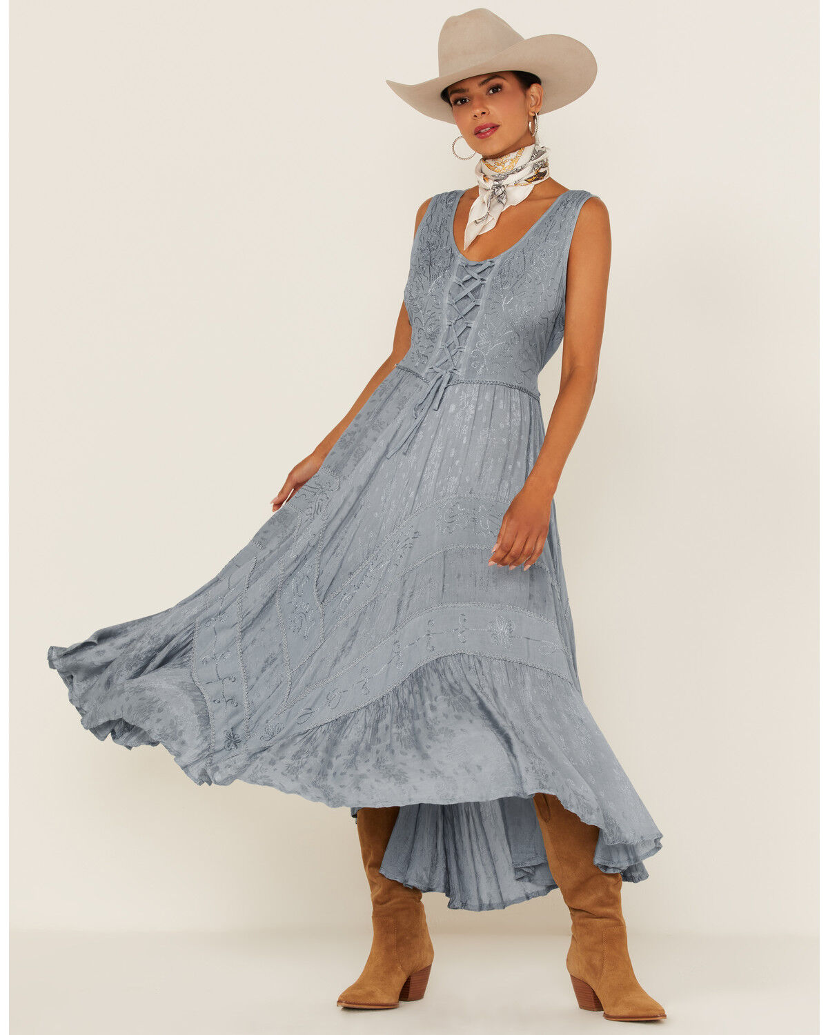 Image #1 - Scully Women's Lace-Up Jacquard Maxi Dress, Grey, hi-res