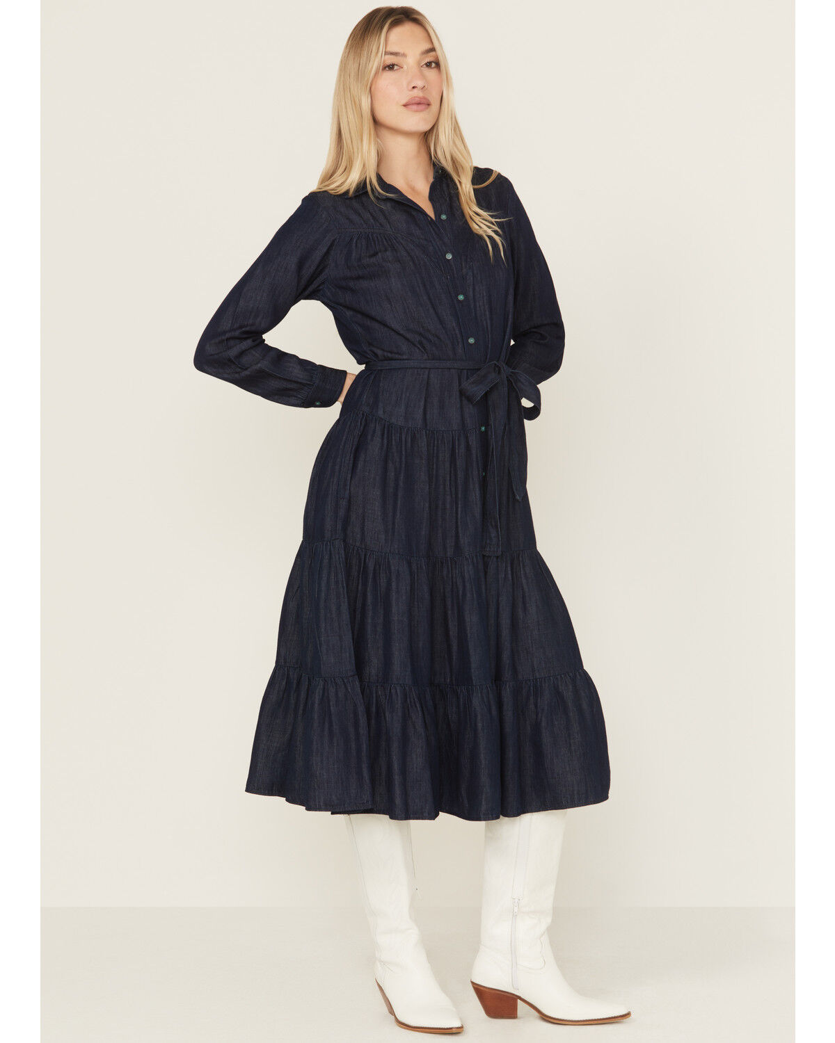 Image #1 - Ariat Women's Sahara Dark Wash Denim Long Sleeve Midi Dress, Dark Wash, hi-res