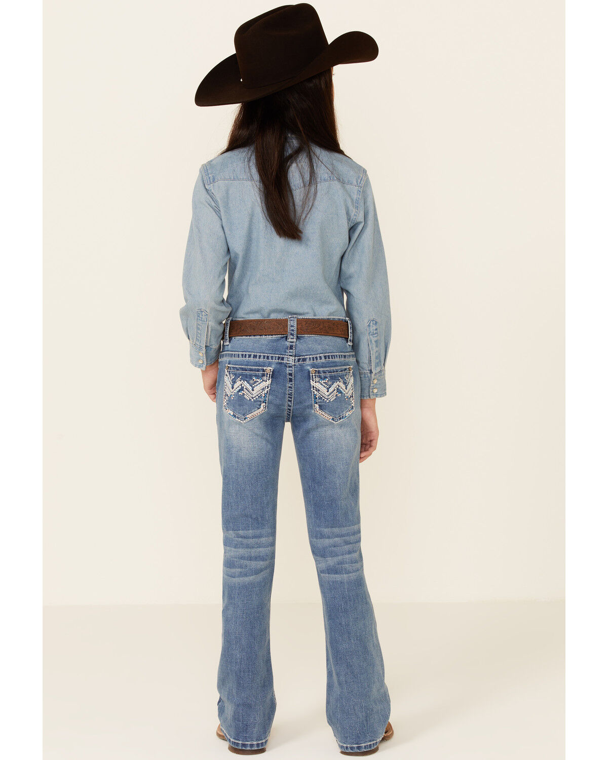 Image #2 - Shyanne Little Girls' Medium Wash Chevron Stitch Pocket Bootcut Jeans, Blue, hi-res