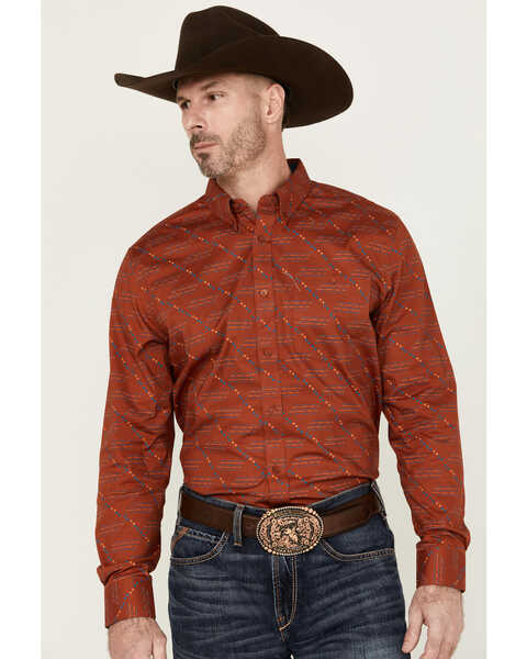 Image #1 - RANK 45® Men's Maputo Printed Long Sleeve Button-Down Performance Stretch Western Shirt , Dark Orange, hi-res