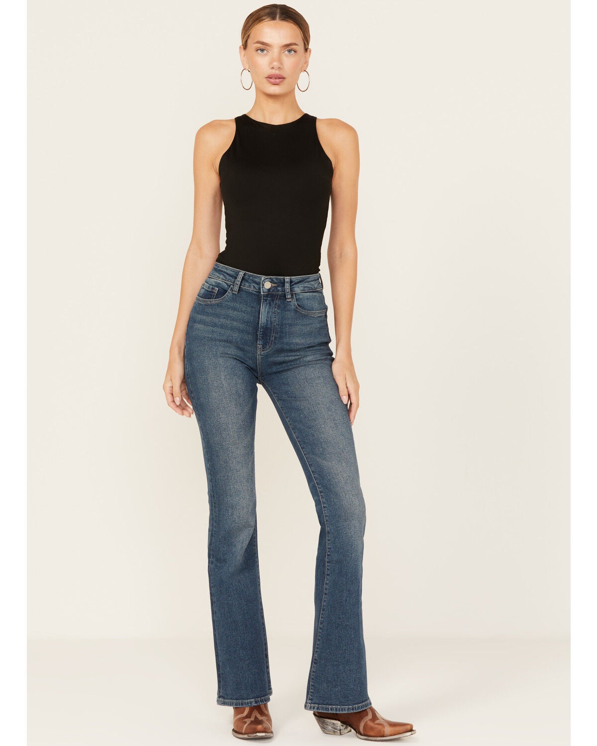 Warp + Weft Women's Mia Dark Wash High Rise Flare Stretch Denim Jeans, Dark Wash, hi-res