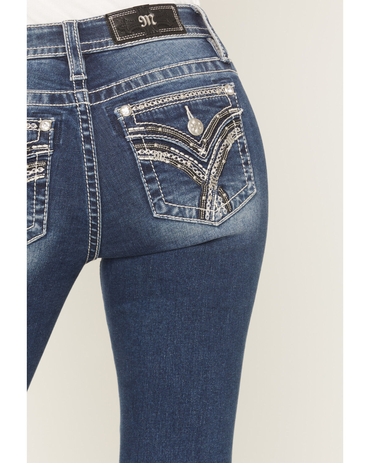 Image #2 - Miss Me Women's Dark Wash Mid Rise Embroidered Pocket 34" Bootcut Stretch Denim Jeans, Dark Wash, hi-res