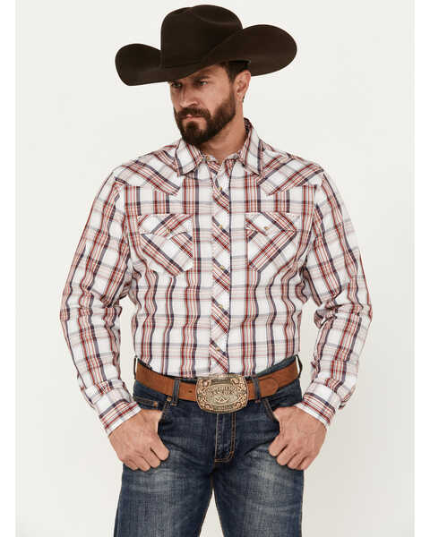 Image #1 - Wrangler Men's Plaid Print Long Sleeve Snap Western Shirt, Red, hi-res