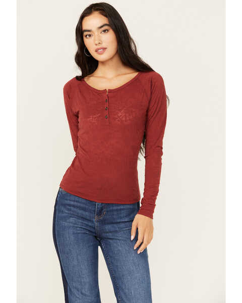 Shyanne Women's Long Sleeve Southwest Burnout Print Henley Shirt , Dark Red, hi-res