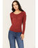 Image #1 - Shyanne Women's Long Sleeve Southwest Burnout Print Henley Shirt , Dark Red, hi-res