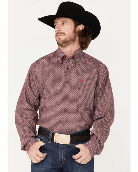 Image #1 - Cinch Men's Geo Print Long Sleeve Button Down Western Shirt, Burgundy, hi-res