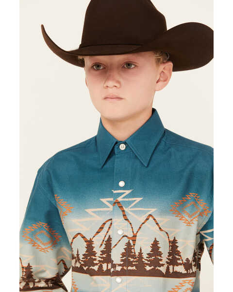 Image #1 - Panhandle Boys' Southwestern Mountain Border Long Sleeve Pearl Snap Western Shirt, Turquoise, hi-res