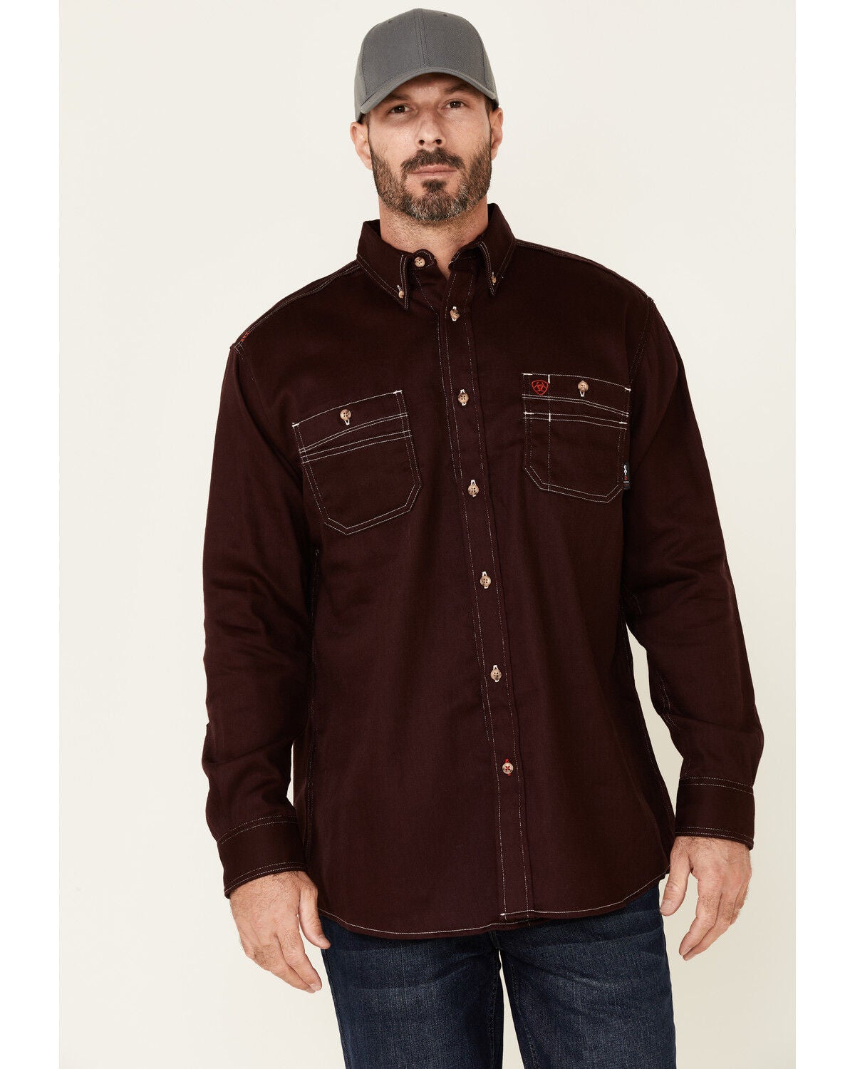 Ariat Men's FR Solid Long Sleeve Button Down Work Shirt, Burgundy, hi-res