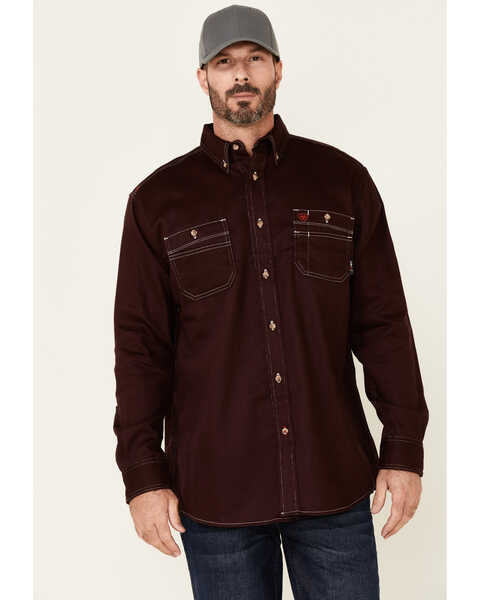 Ariat Men's FR Solid Long Sleeve Button Down Work Shirt  , Burgundy, hi-res