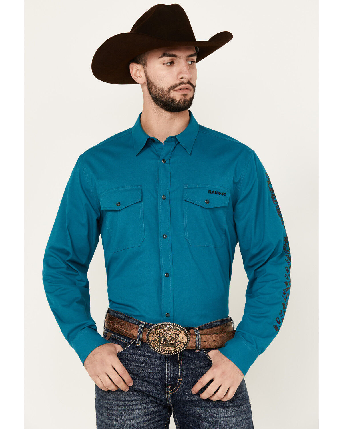 Image #1 - RANK 45® Men's Solid Logo Long Sleeve Performance Stretch Western Shirt, Teal, hi-res