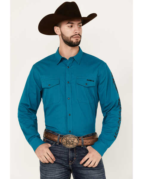 Image #1 - RANK 45® Men's Solid Logo Long Sleeve Performance Stretch Western Shirt , Teal, hi-res