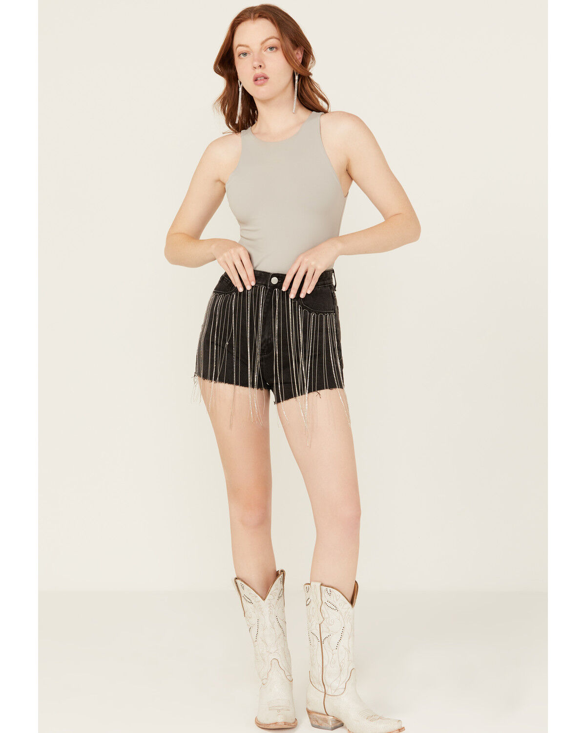 Image #1 - Blue B Women's High Rise Pocket Rhinestone Fringe Denim Shorts, Charcoal, hi-res