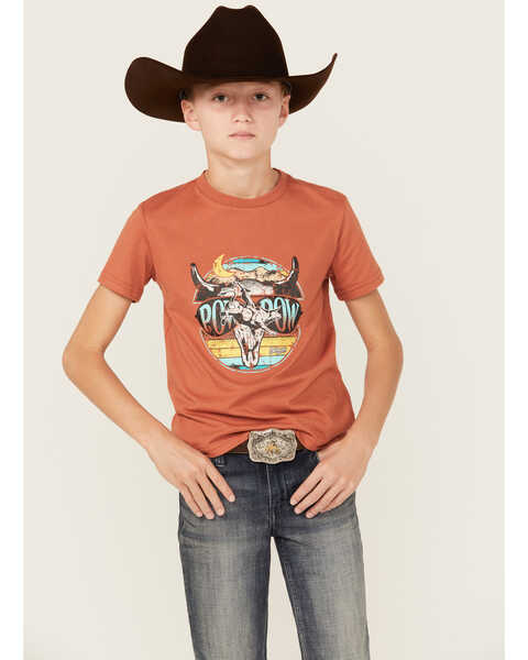 Image #1 - Rock & Roll Denim Boys' Dale Brisby Pow Pow Short Sleeve Graphic T-Shirt , Rust Copper, hi-res