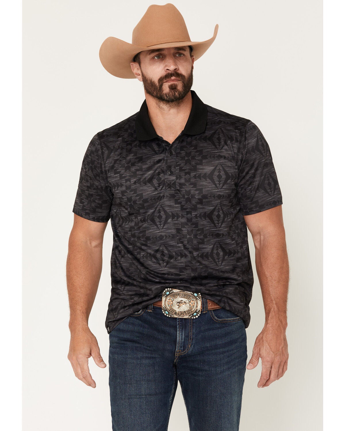 Image #1 - RANK 45&reg; Men's Tonal Southwestern Print Short Sleeve Button-Down Polo Shirt, Charcoal, hi-res