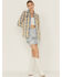 Cleo + Wolf Women's Light Wash Denim and Plaid Print Shacket, Light Wash, hi-res