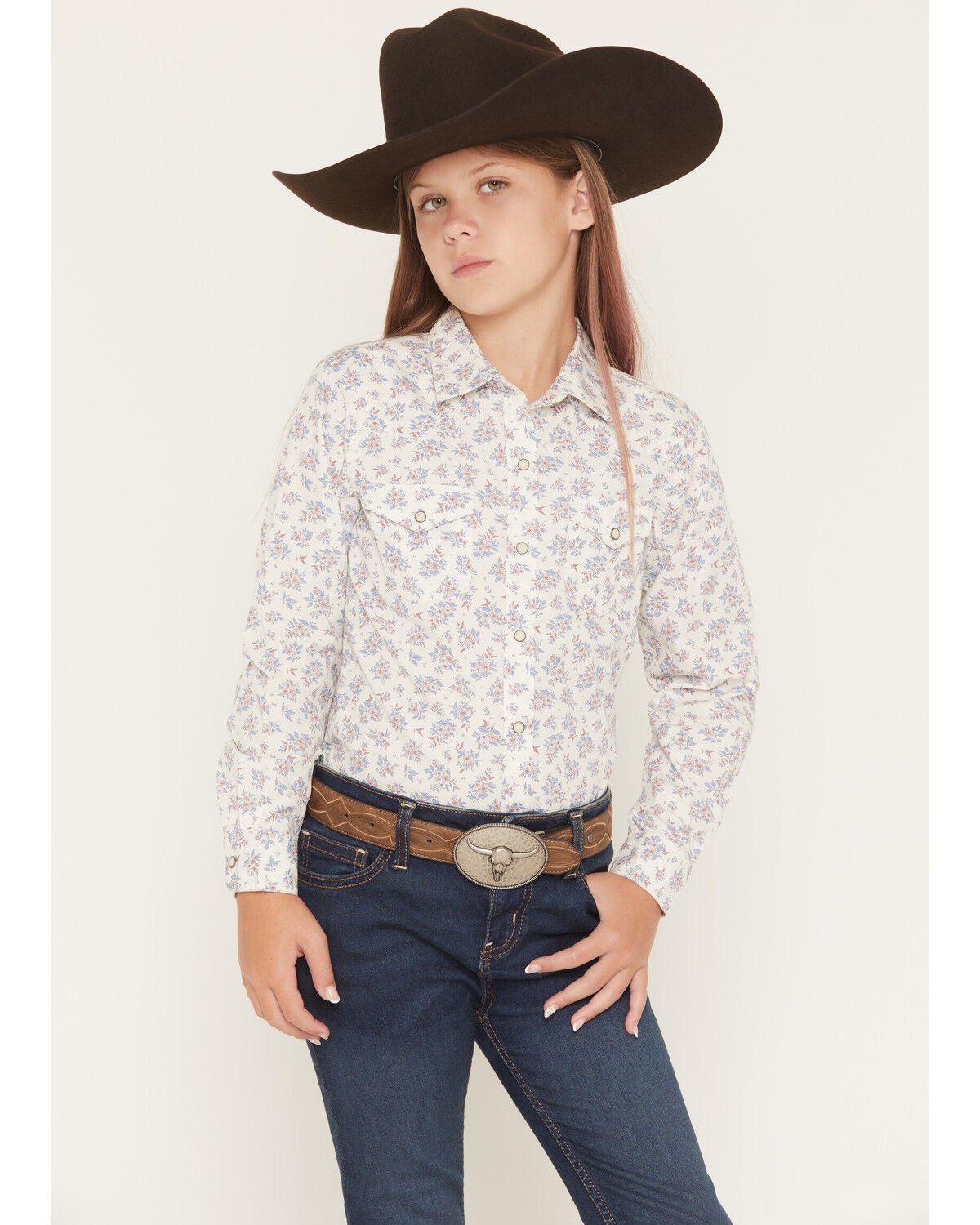 Image #2 - Ariat Girls' Floral Print Long Sleeve Snap Western Shirt, White, hi-res