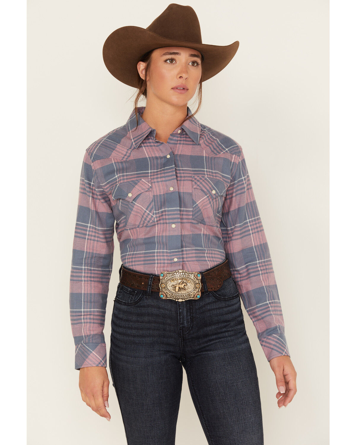 Image #1 - Wrangler Women's Boot Barn Exclusive Plaid Print Long Sleeve Western Flannel Pearl Snap Shirt, Blue, hi-res