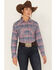 Image #1 - Wrangler Women's Boot Barn Exclusive Plaid Print Long Sleeve Western Flannel Pearl Snap Shirt, Blue, hi-res
