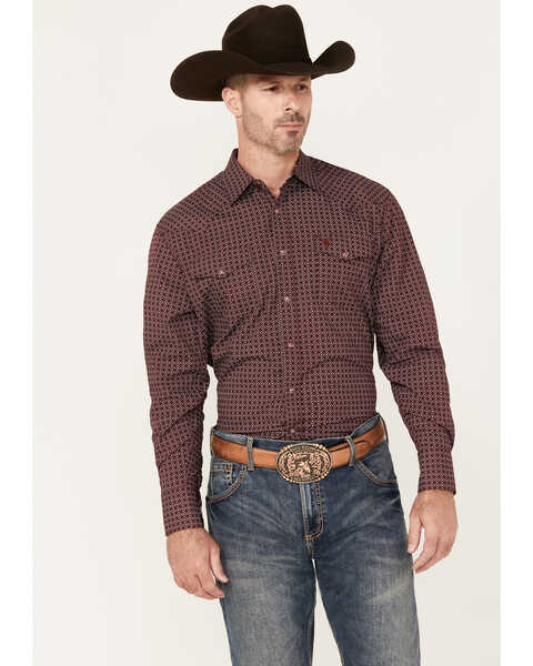 Rodeo Clothing Men's Geo Print Long Sleeve Snap Western Shirt, Burgundy, hi-res