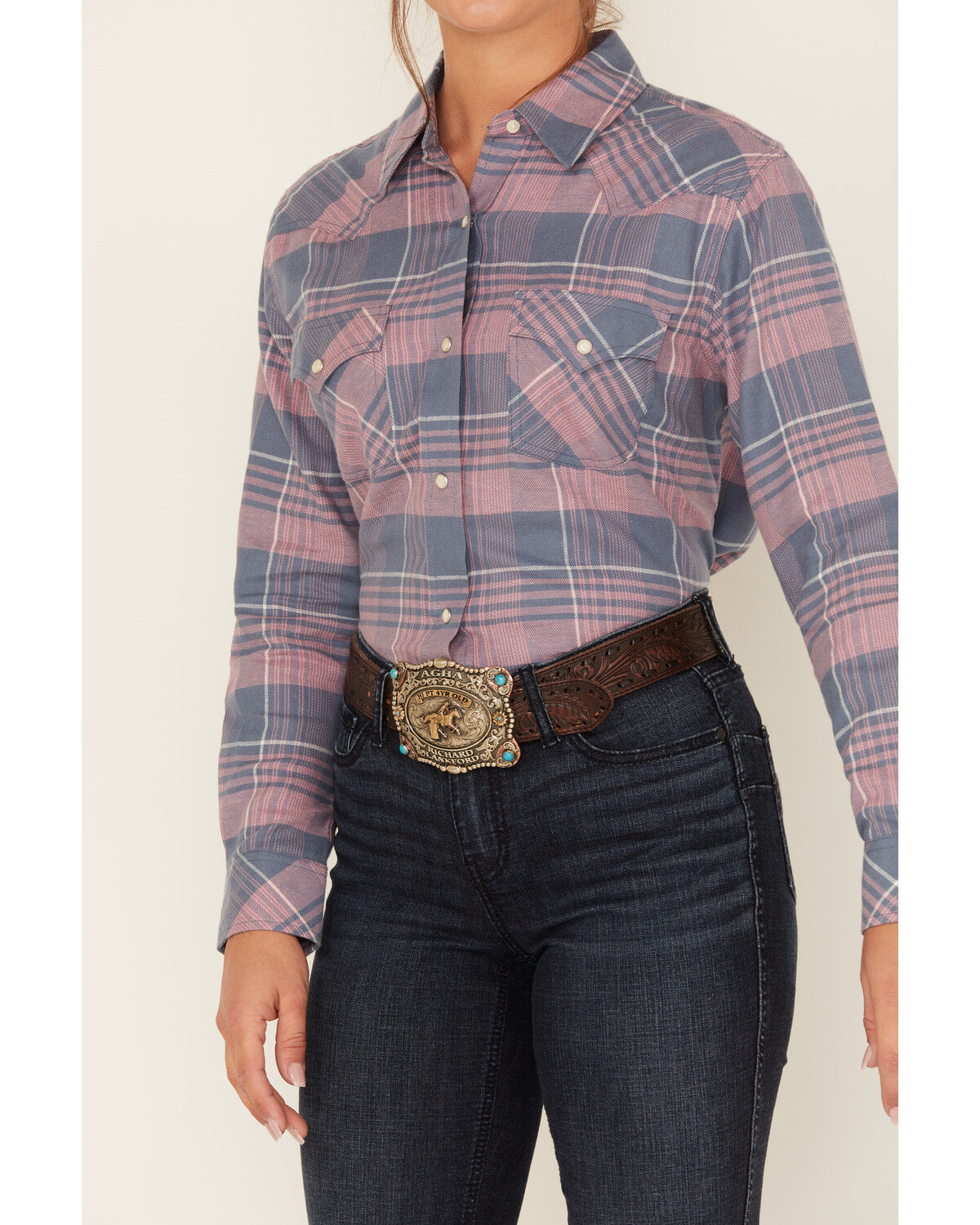 Image #3 - Wrangler Women's Boot Barn Exclusive Plaid Print Long Sleeve Western Flannel Pearl Snap Shirt, Blue, hi-res
