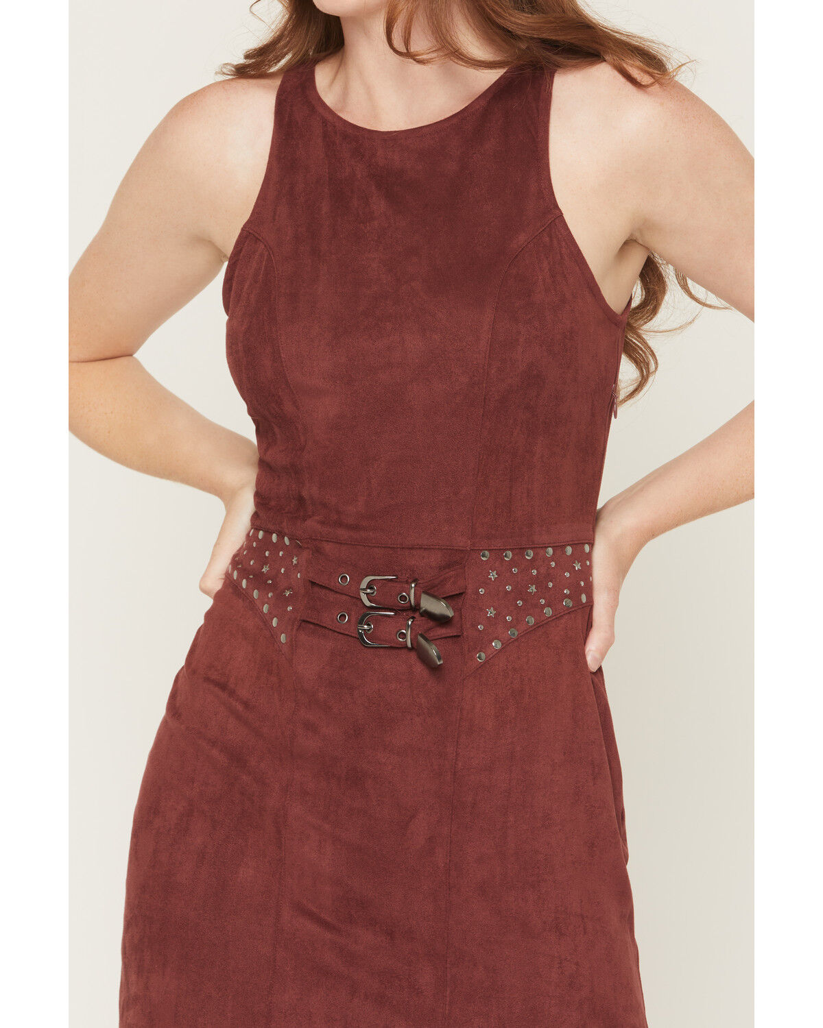 Image #3 - Rock & Roll Denim Women's Faux Suede Fringe Belted Sleeveless Midi Dress, Wine, hi-res