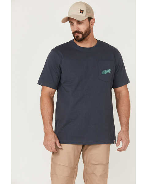 Image #1 - Carharrt Men's Outdoors Logo Graphic Bluestone Relaxed Fit Heavyweight Short Sleeve Work Pocket T-Shirt , , hi-res