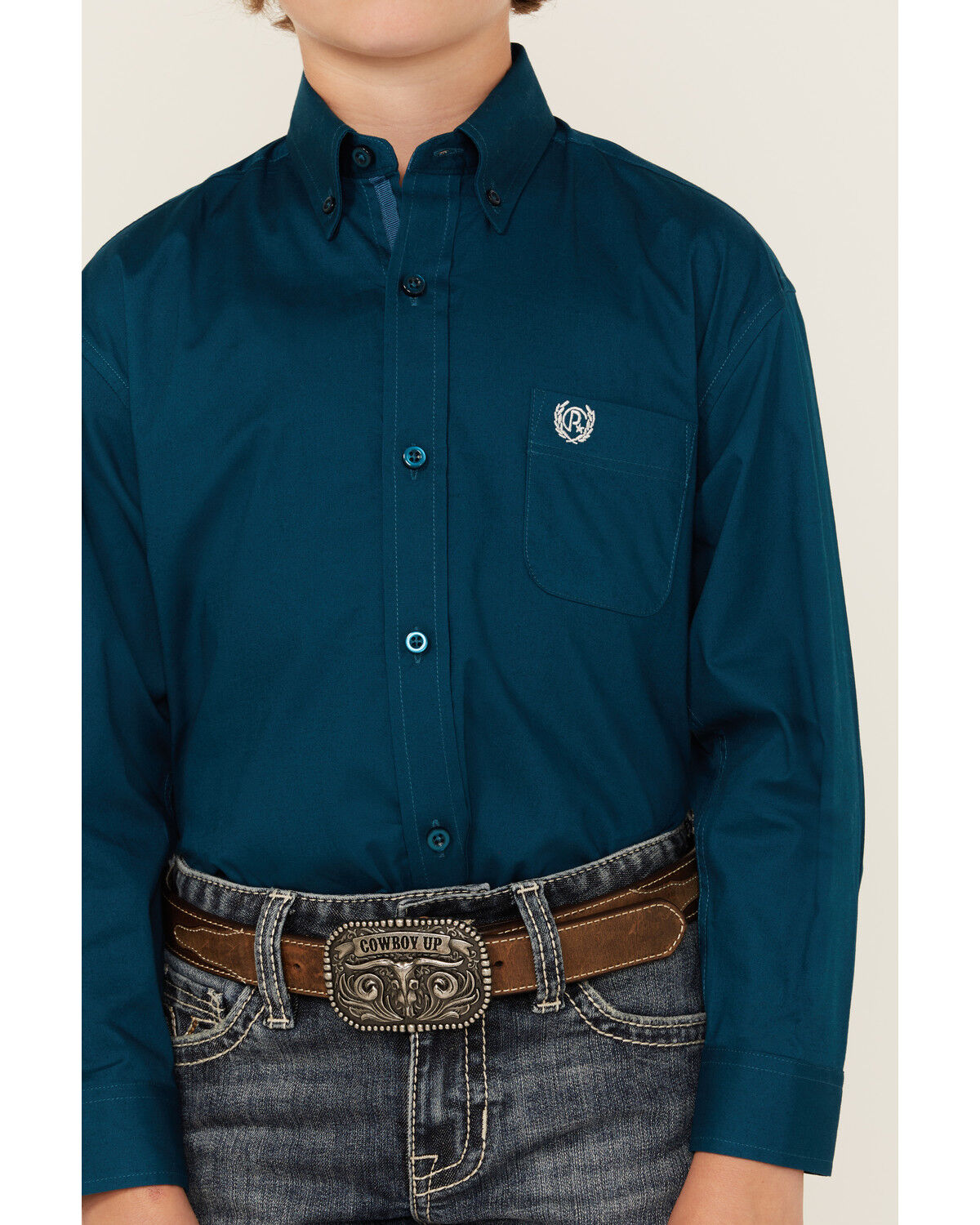 Image #3 - Panhandle Select Boys' Solid Long Sleeve Button-Down Stretch Western Shirt, Teal, hi-res