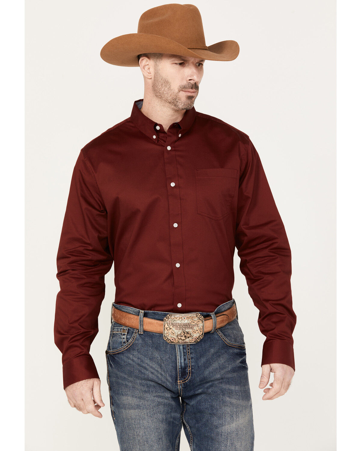 Image #1 - RANK 45® Men's Twill Logo Long Sleeve Button-Down Stretch Western Shirt, Wine, hi-res