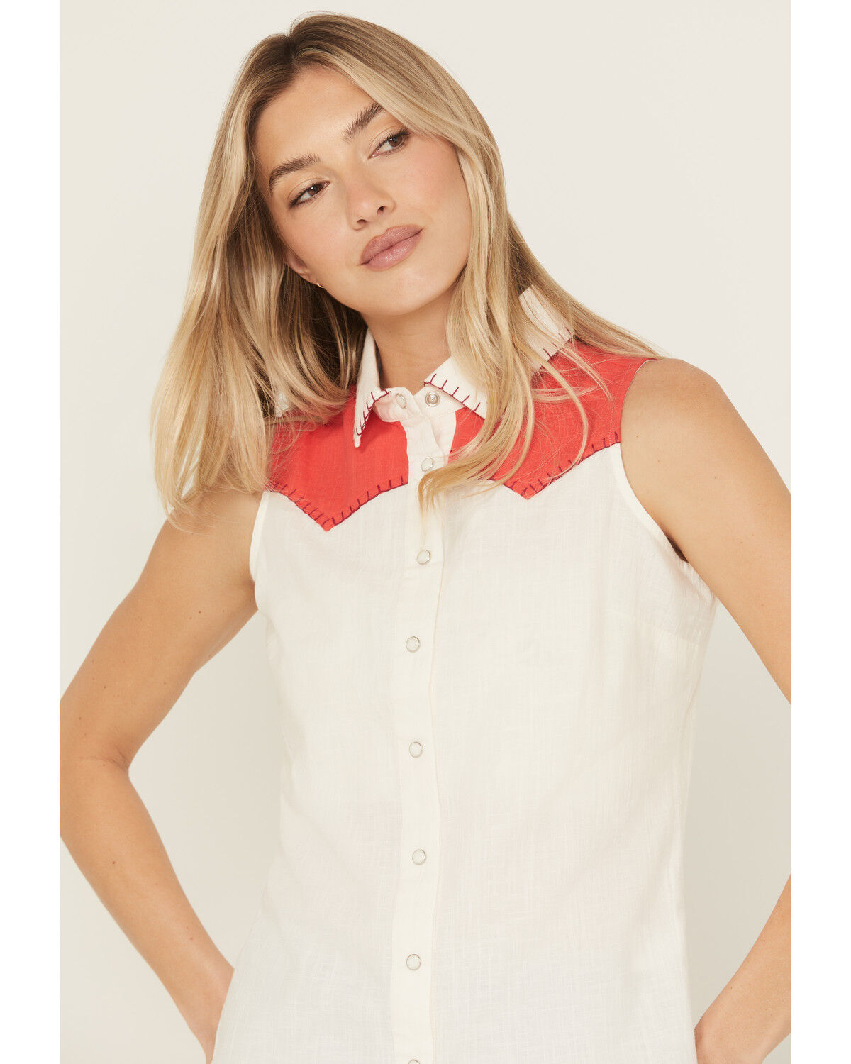 Image #3 - Idyllwind Women's Plainweave Contrast Yoke Sleeveless Snap Western Shirt, Ivory, hi-res
