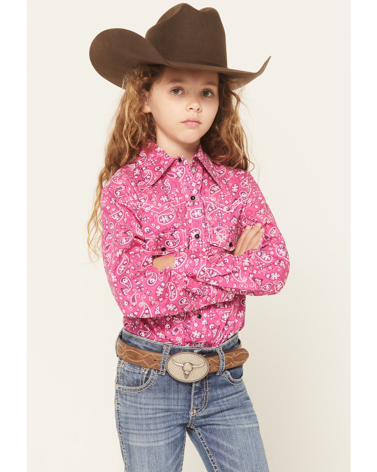 Cowgirl Hardware Girls' Bandana Paisley Print Long Sleeve Snap Stretch Western Shirt, Pink, hi-res