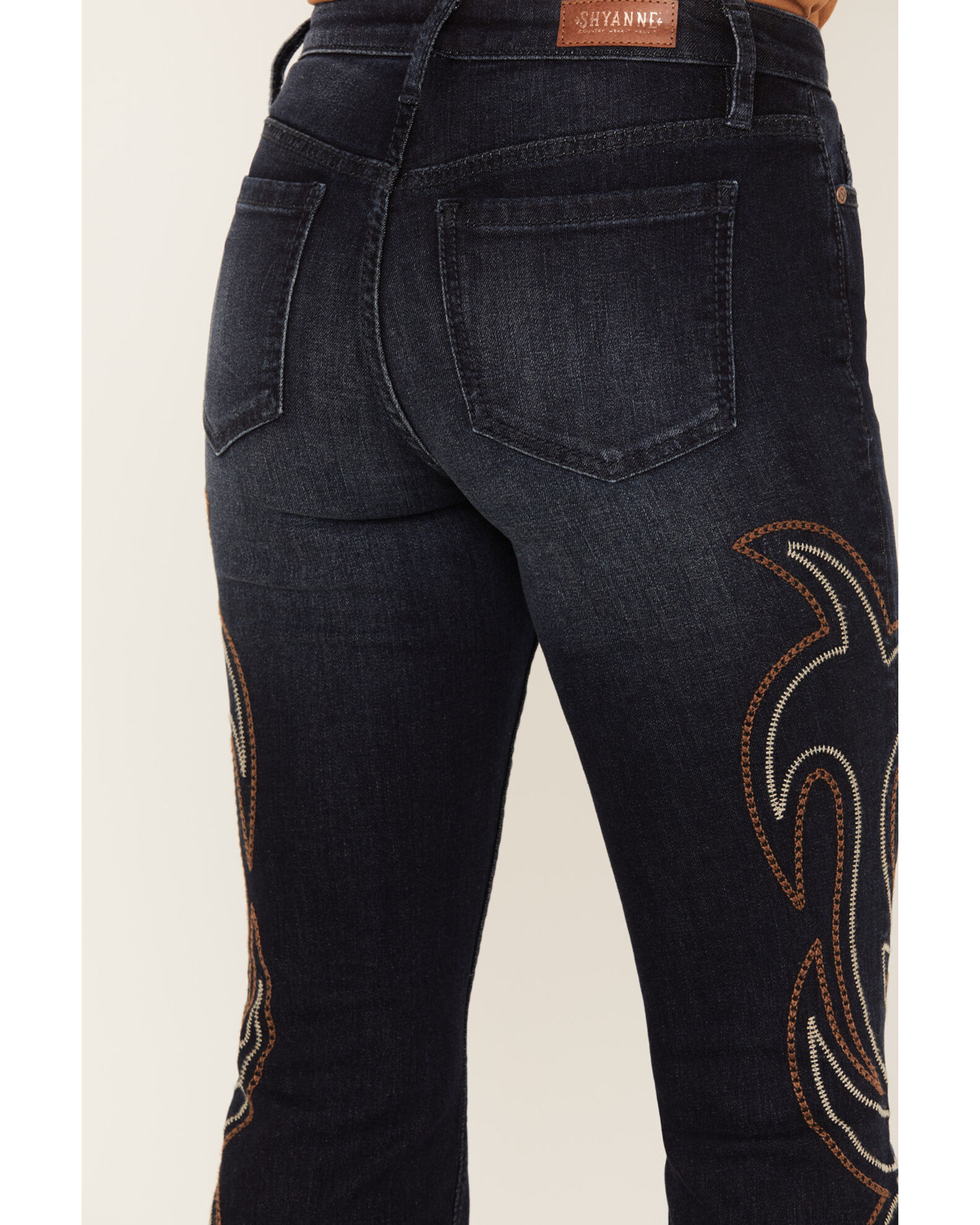 Image #4 - Shyanne Women's Dark Wash Mid Rise Embroidered Flare Jeans, Dark Medium Wash, hi-res
