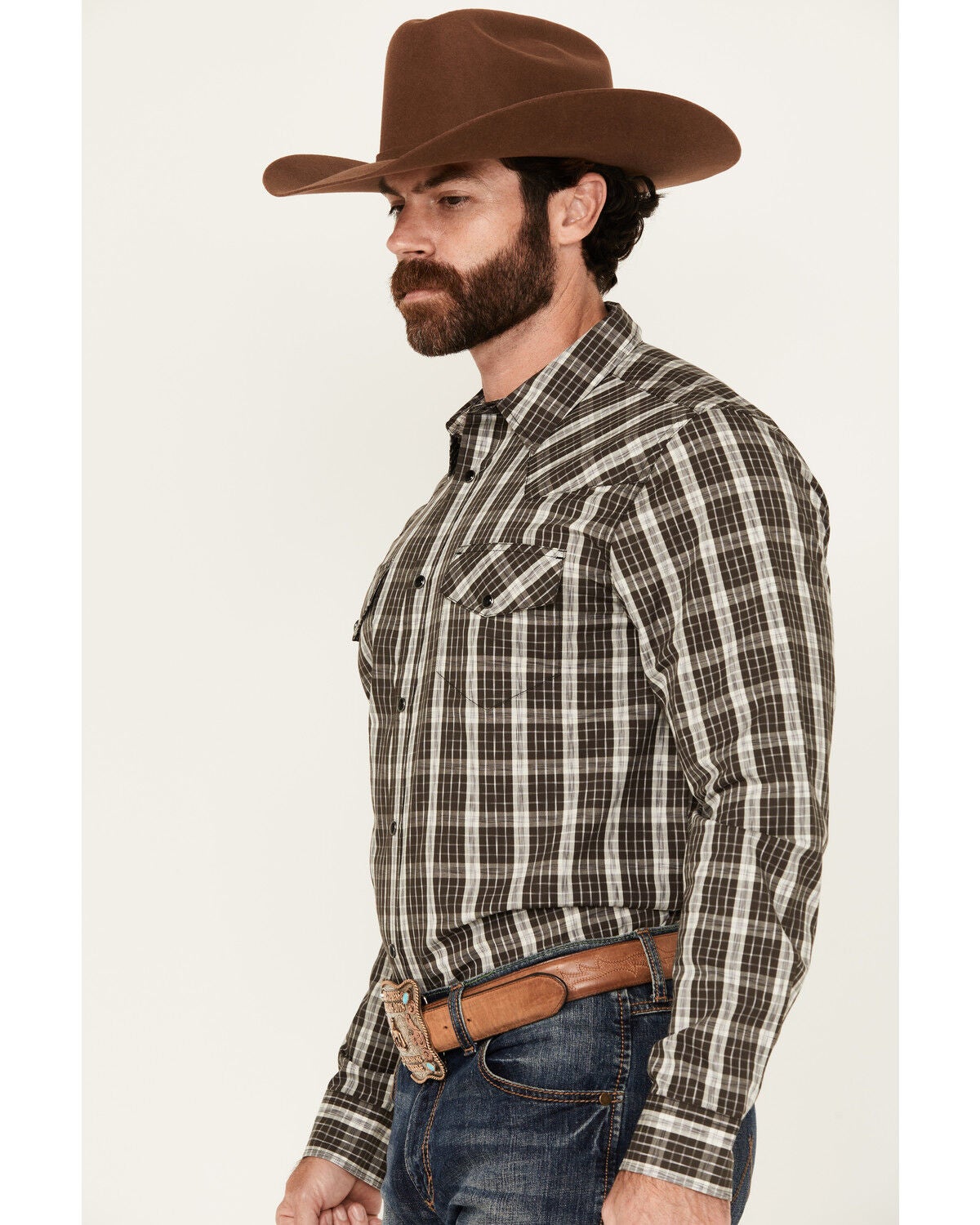 Image #2 - Gibson Trading Co Men's Dark Knight Plaid Print Long Sleeve Snap Stretch Western Shirt, Black, hi-res