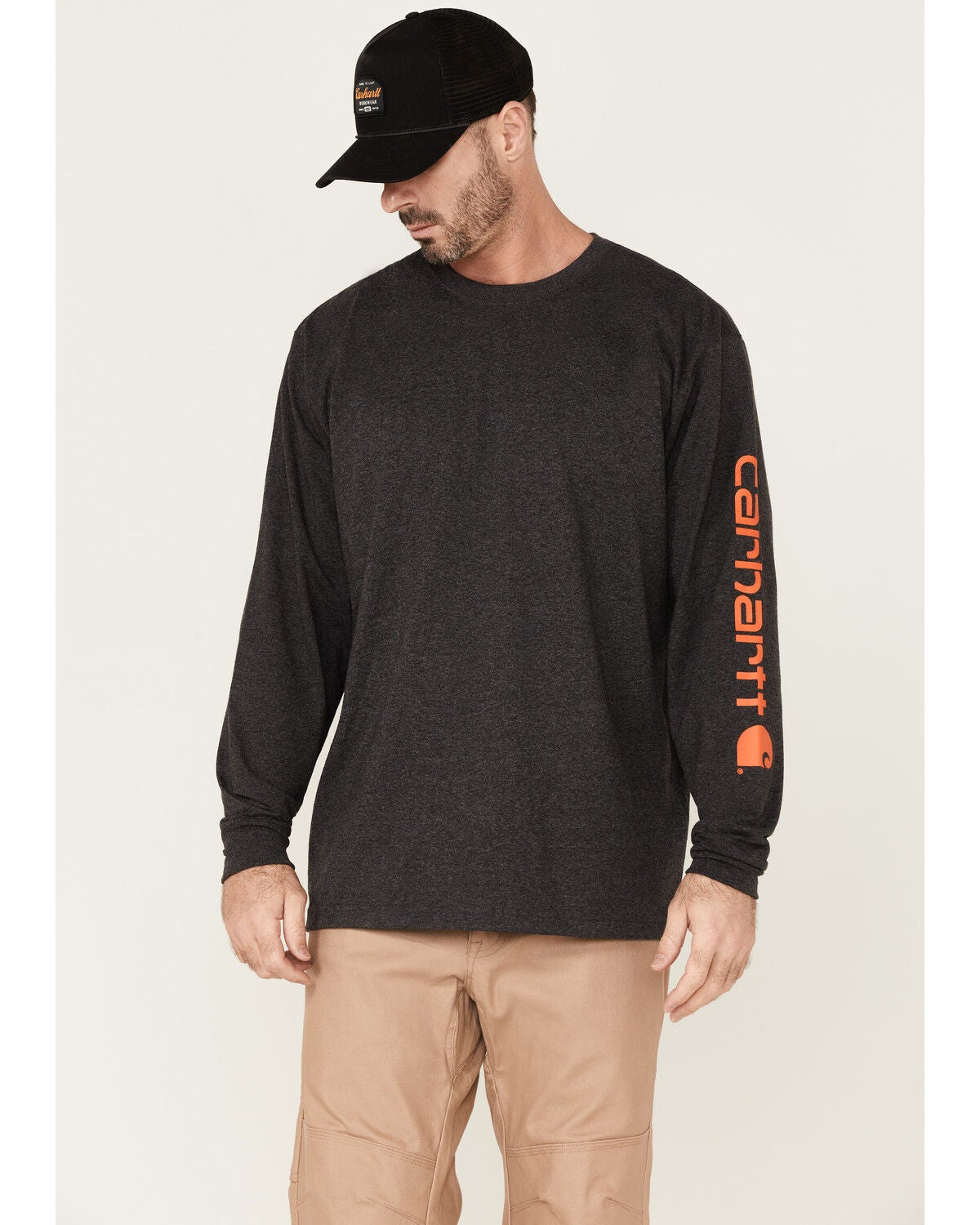 Carhartt Men's Loose Fit Heavyweight Long Sleeve Logo Graphic Work T-Shirt, Heather Grey, hi-res