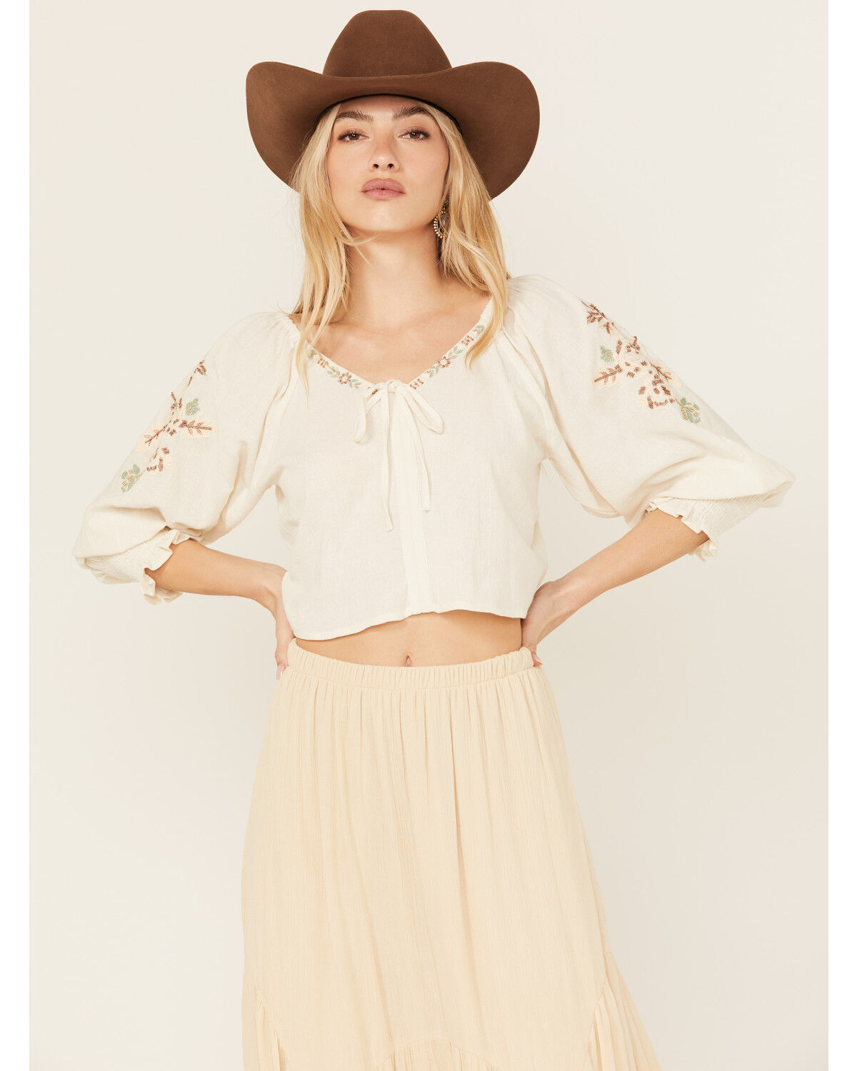Image #1 - Shyanne Women's Embellished Tie Front Peasant Top, Cream, hi-res