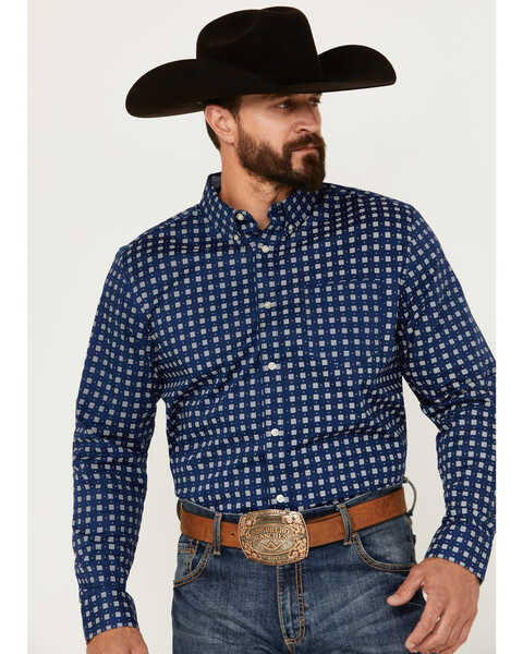 Image #1 - Cody James Men's Rough Road Geo Print Long Sleeve Button-Down Stretch Western Shirt, Navy, hi-res
