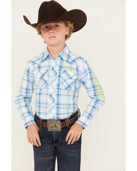 Image #1 - Wrangler Boys' Plaid Print Logo Long Sleeve Snap Western Shirt, Light Blue, hi-res