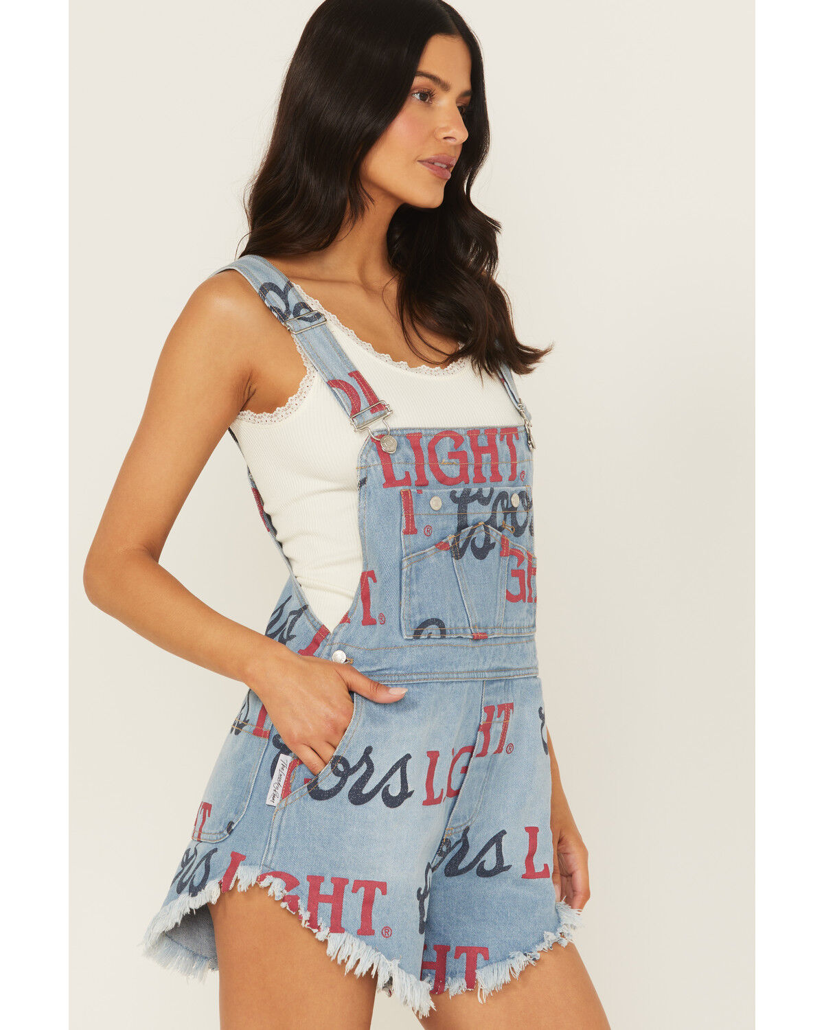 Image #2 - The Laundry Room Women's Medium Wash Coors Light Logo Print Denim Shortalls, Medium Wash, hi-res