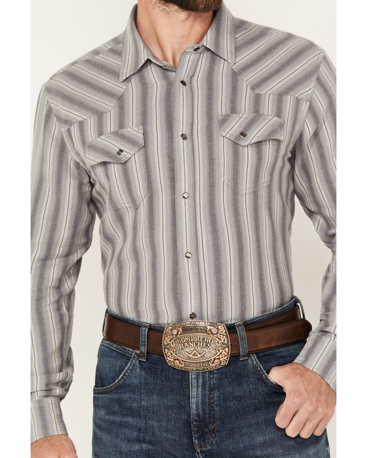 Image #3 - Blue Ranchwear Men's Freestone Striped Print Long Sleeve Snap Western Shirt, Light Grey, hi-res