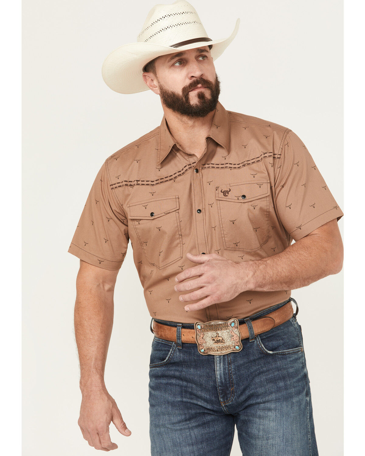 Image #1 - Cowboy Hardware Men's Boot Barn Exclusive Steerhead Short Sleeve Snap Stretch Western Shirt, Brown, hi-res