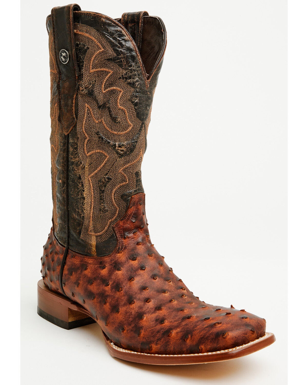 Image #1 - Tanner Mark Men's Exotic Ostrich Print Western Boots - Broad Square Toe, Brown, hi-res