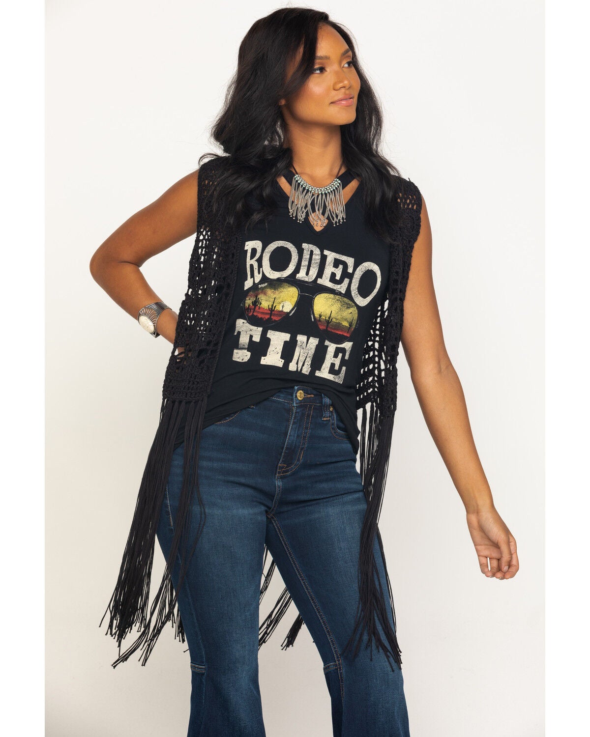Black Crochet Long Fringe Vest | Sheplers