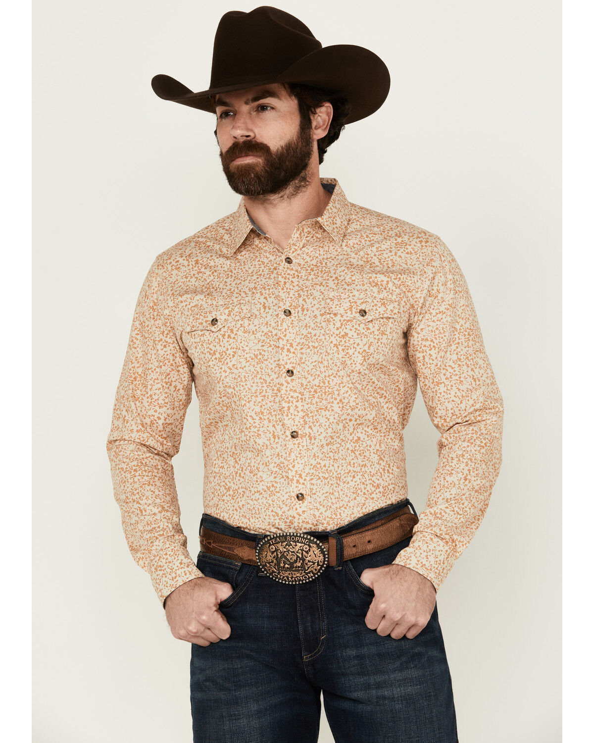 Image #1 - Cody James Men's Playing Field Floral Print Long Sleeve Snap Western Shirt, Tan, hi-res