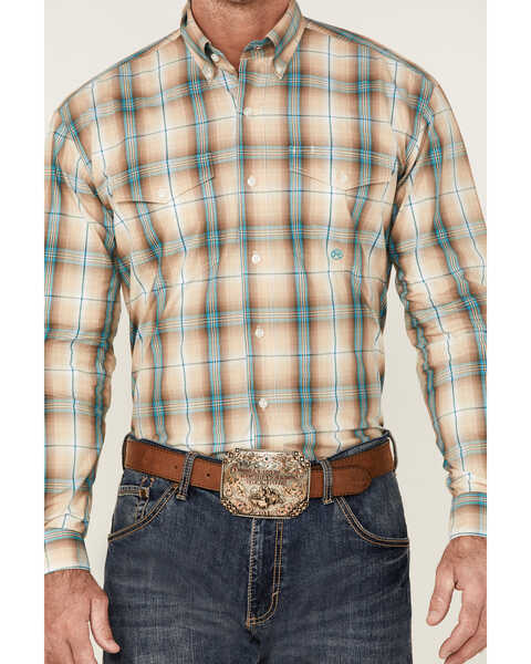 Roper Men's Saddle Large Plaid Print Long Sleeve Button Down Western Shirt , Tan, hi-res