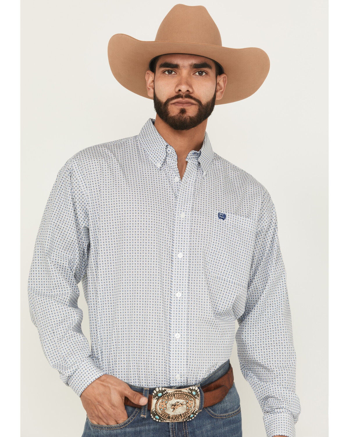 Cinch Men's Geo Print Long Sleeve Button-Down Western Shirt, White, hi-res