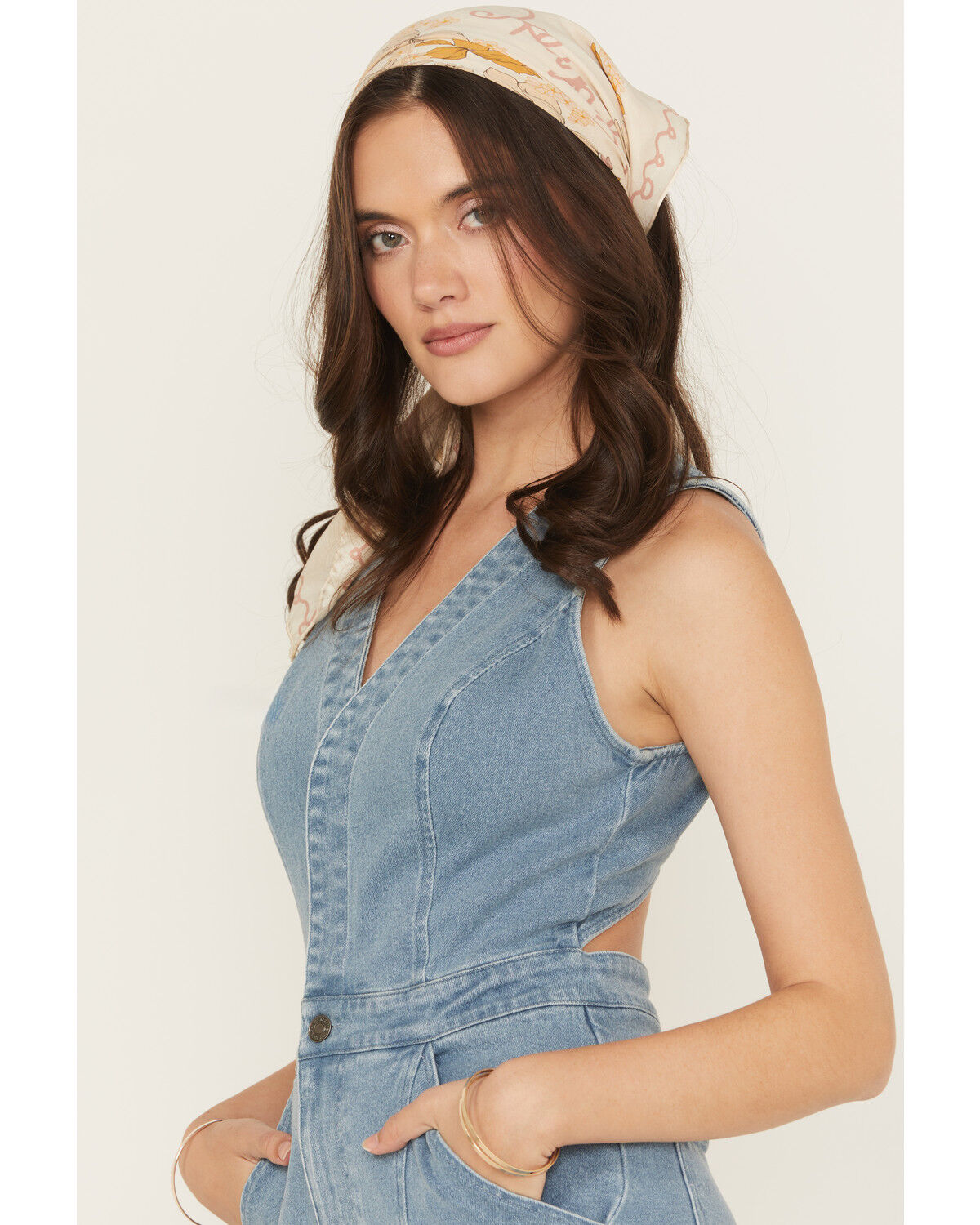 Image #3 - Flying Tomato Women's Light Wash Open Back Denim Jumpsuit, Light Wash, hi-res