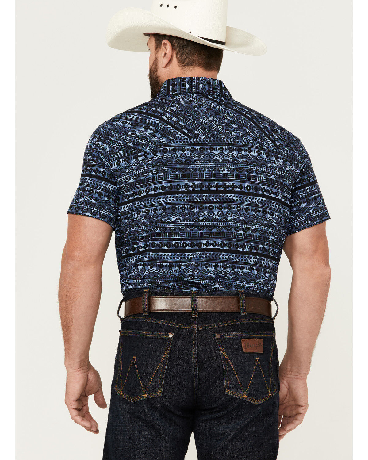 Image #4 - Rock & Roll Denim Men's Southwestern Print Short Sleeve Pearl Snap Performance Western Shirt, Dark Blue, hi-res