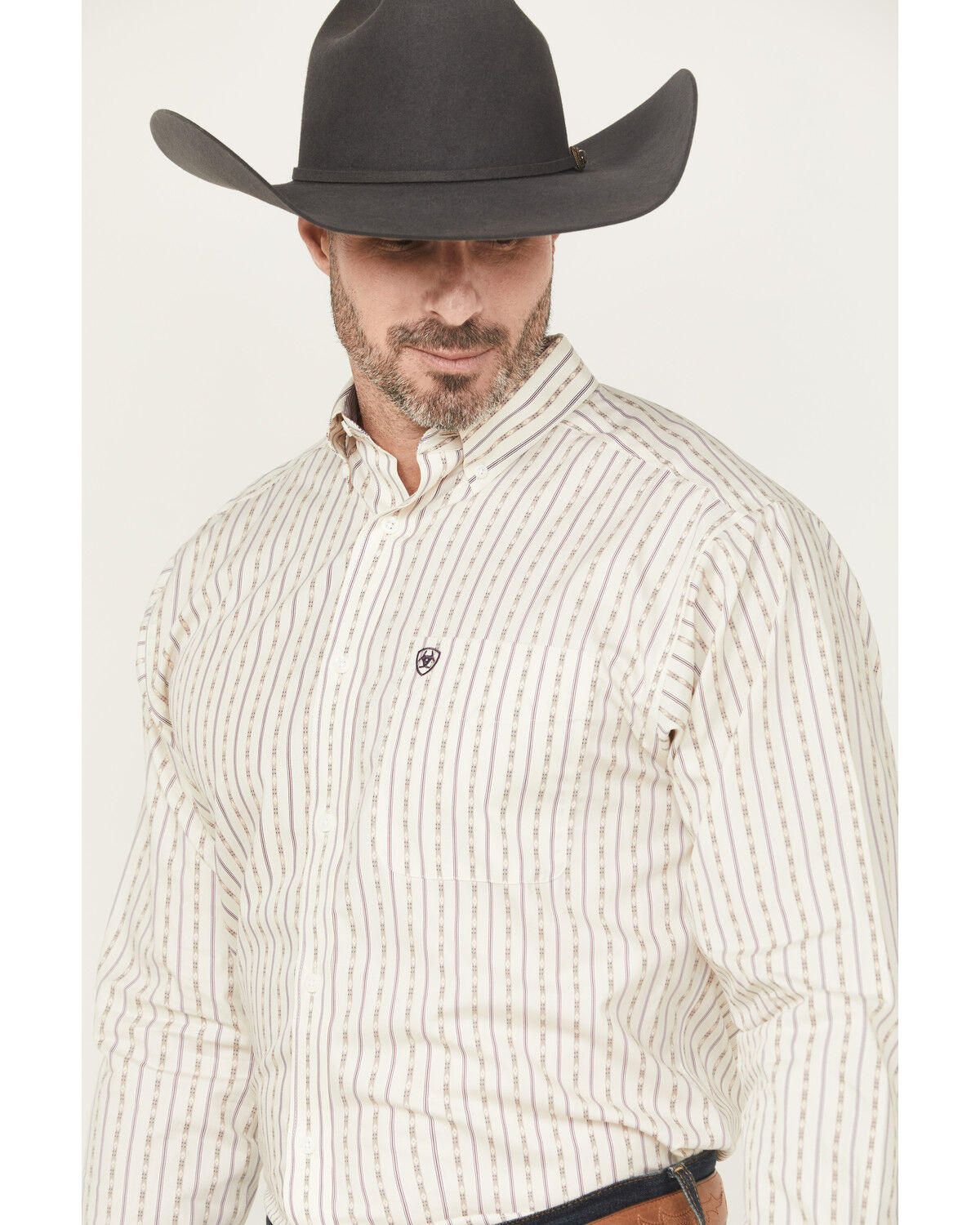 Image #2 - Ariat Men's Randall Wrinkle Free Striped Long Sleeve Button-Down Western Shirt, Off White, hi-res