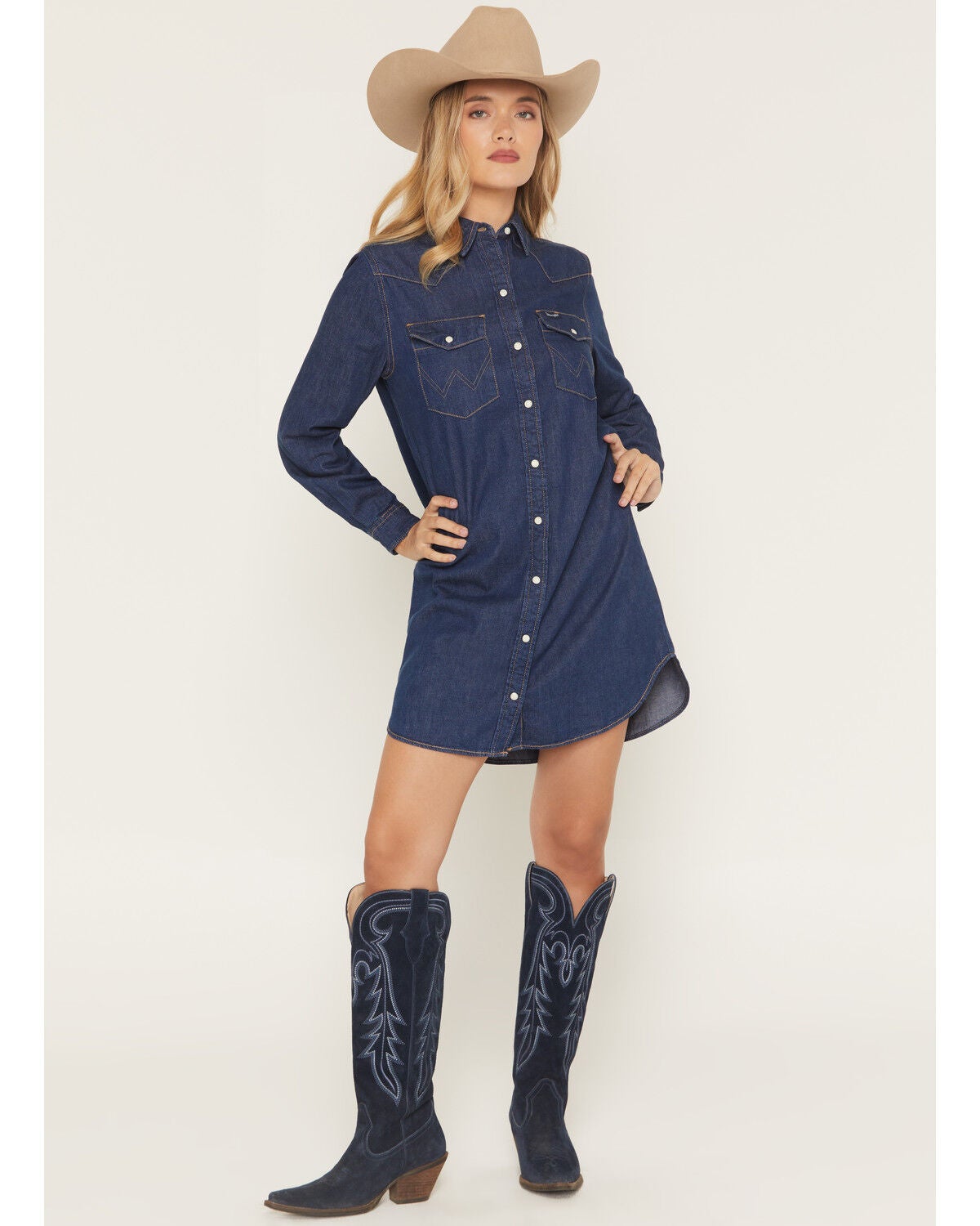 Wrangler Women's Dark Wash Long Sleeve Western Denim Mini Shirt Dress, Dark Wash, hi-res